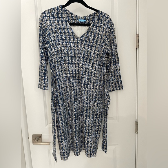 J. McLaughlin Blue Print 3/4 Sleeve Ponte Knit Tie Dress Medium Office Work G51 - Picture 4 of 8